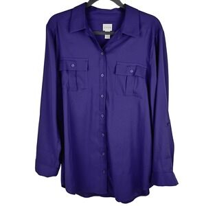 Chicos Purple Button Down Utility Blouse Roll Tab Sleeve Size 2 Large